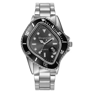Detailed macro view of the irregular triangular quartz watch with silver steel strap