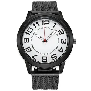 Close-up of minimalist black mesh strap watch with clear white dial and red second hand