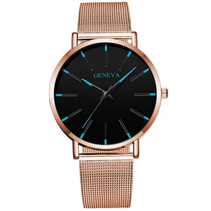 Front view of Geneva mesh watch with rose gold case, black dial and blue pointers
