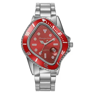 Detailed macro view of an avant-garde red triangle dial with silver alloy steel strap