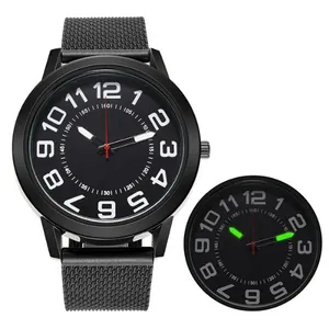 Fashion men's business quartz watch with large numerals, black mesh strap and luminous hands