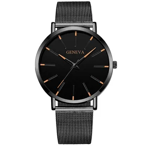Close-up of sleek black mesh strap and minimalist watch dial with rose gold markers
