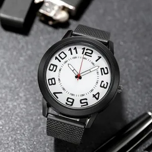 Mens fashion quartz watch with white dial, black mesh band and striking red second hand