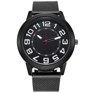 Close-up of black quartz watch with large white numerals and mesh stainless steel strap