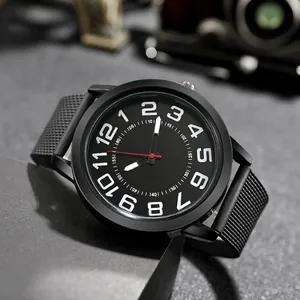 Men's fashion black quartz watch with mesh strap and bold white numerals on dial