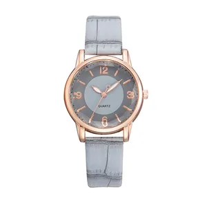 Elegant ladies quartz watch with grey leather band and rose gold metal case