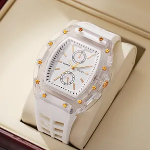 Mode Transparante Tonneau Kast Quartz Horloge Met Siliconen Band Ster Klinknagels Casual Sportief Polshorloge Voor Heren Vrouwen