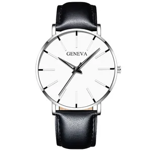 Detail shot of a minimalist Geneva watch with a white dial and black leather strap texture