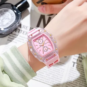 Chique roze tonneau quartz horloge met transparante kast en siliconen band voor dames