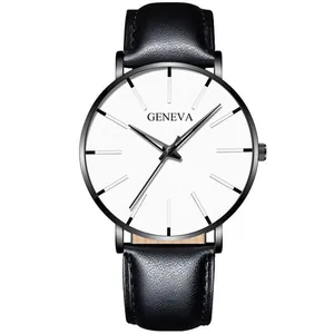 Close-up of minimalist black quartz watch with white dial and premium leather strap
