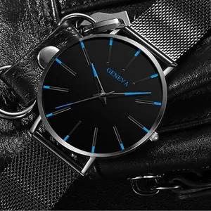 Minimalist black quartz watch with mesh strap and blue markers for men and women