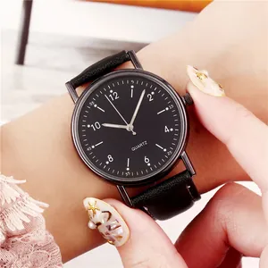 Close-up of minimalist quartz watch with black leather strap and large numeric dial face
