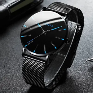 Men's minimalist black quartz watch with stainless steel mesh band and blue markers