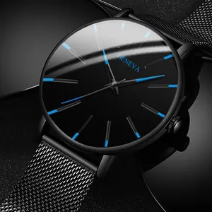 Minimalist black stainless steel watch with blue indices and Milanese mesh band