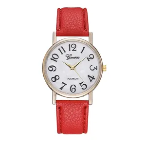 Mode Genf Damenuhr mit rotem Lederarmband und Zifferblatt in Muscheloptik in Roségold