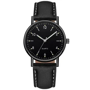 Detailed view of the quartz watch featuring a black dial and stitched leather strap