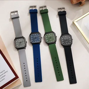 Detailed display of square quartz watches with silicone straps in various elegant colors