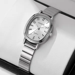 Silver oval quartz watch with expansion band and easy-to-read Arabic numerals in box