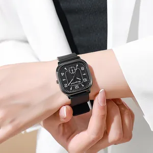 Men's square quartz watch with black silicone strap and minimalist dial display