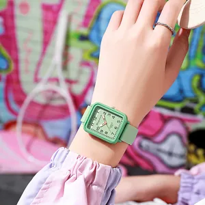 Fashionable avocado green square quartz watch with silicone strap and numeric dial