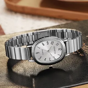 Women's Vintage Oval Quartz Watch With Alloy Bamboo Joint Chain Strap Arabic Numerals Silver Case Retro Fashion Wristwatch