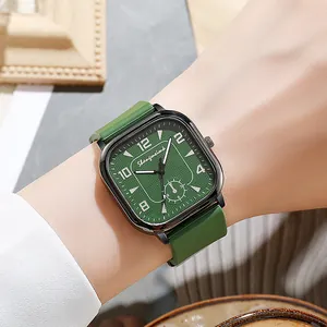 Men's creative square quartz watch with green silicone strap and textured dial