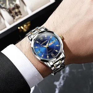 Zakelijk herenhorloge met blauwe zonnestraal wijzerplaat en tweekleurige stalen band