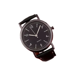 Luminous quartz watch with minimalist black dial and genuine black leather strap for women