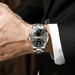 Luxe heren quartz horloge met tweekleurige stalen band, zwarte wijzerplaat en dubbele datum
