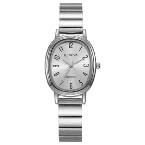 Elegant oval silver quartz watch with Arabic numerals and metallic bamboo strap