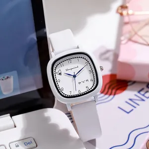 Women Minimalist Square Quartz Watch PU Leather Strap Cartoon Emoji Heart Pattern Analog Watch For Girls Student School Exam Gift