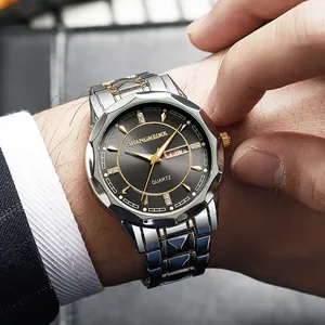 Mens luxury quartz watch with silver steel strap and luminous day-date display