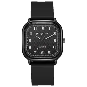 Square black quartz watch for women with textured dial and matte silicone strap