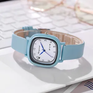 Minimalist square light blue quartz watch for women with heart design on a matte PU leather strap