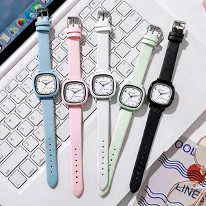 Minimalist square quartz watches set for girls with colorful faux leather straps in five shades