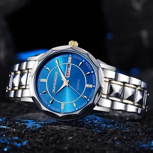 Men's luxury quartz watch with gold-tone steel strap and luminous blue dial detail