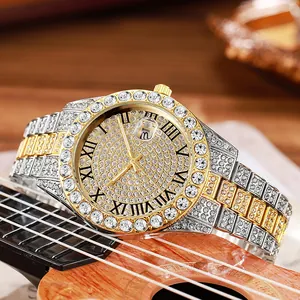 Women Luxury Iced Out Quartz Watch Rhinestone Studded Roman Numerals Calendar Alloy Band Round Fashion Wristwatch Gold Silver Two Tone