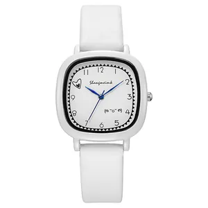 Minimalist square quartz watch for women featuring white leather strap and blue hands