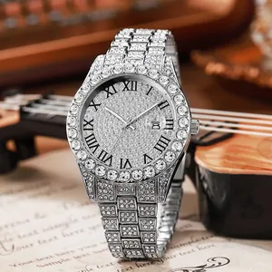 Silver luxury watch with rhinestone dial, Roman numerals and date display function