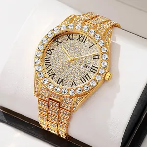 Luxury gold women's watch with crystal rhinestones, Roman numerals, and date calendar display