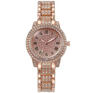 Dames Luxe Iced Out Rhinestone Kwartshorloge Legering Metalen Band Romeinse Cijfers Ronde Wijzerplaat Mode Accessoire