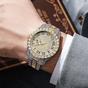Close-up of luxury women watch with rhinestone dial, Roman numerals and calendar window