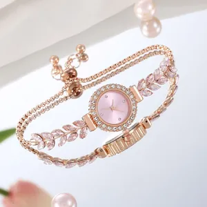 Detail of adjustable rose gold bracelet watch with pink stones and crystal bezel