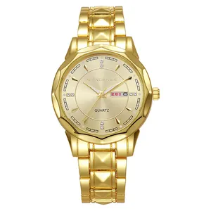 Detailed view of gold quartz watch with double calendar display and crystal markers