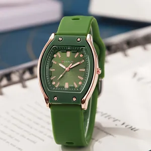 Forest green tonneau quartz watch for women with rose gold frame and silicone strap