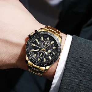 Fashionable men's business quartz watch with gold steel strap and black multifunctional dial