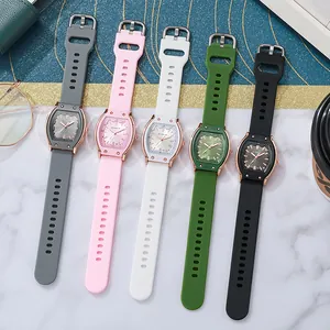 Chic women's tonneau quartz watches set with silicone straps in five stylish colors