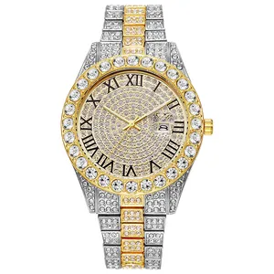 Luxury rhinestone steel watch with gold-tone accents, Roman numerals and date window
