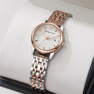 Women's Fashion Rhinestone Quartz Watch With Calendar Waterproof Alloy Case Stainless Steel Link Strap Round Wristwatch