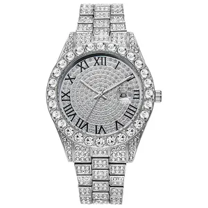 Macro view of full silver iced-out watch showing Roman numerals and date window